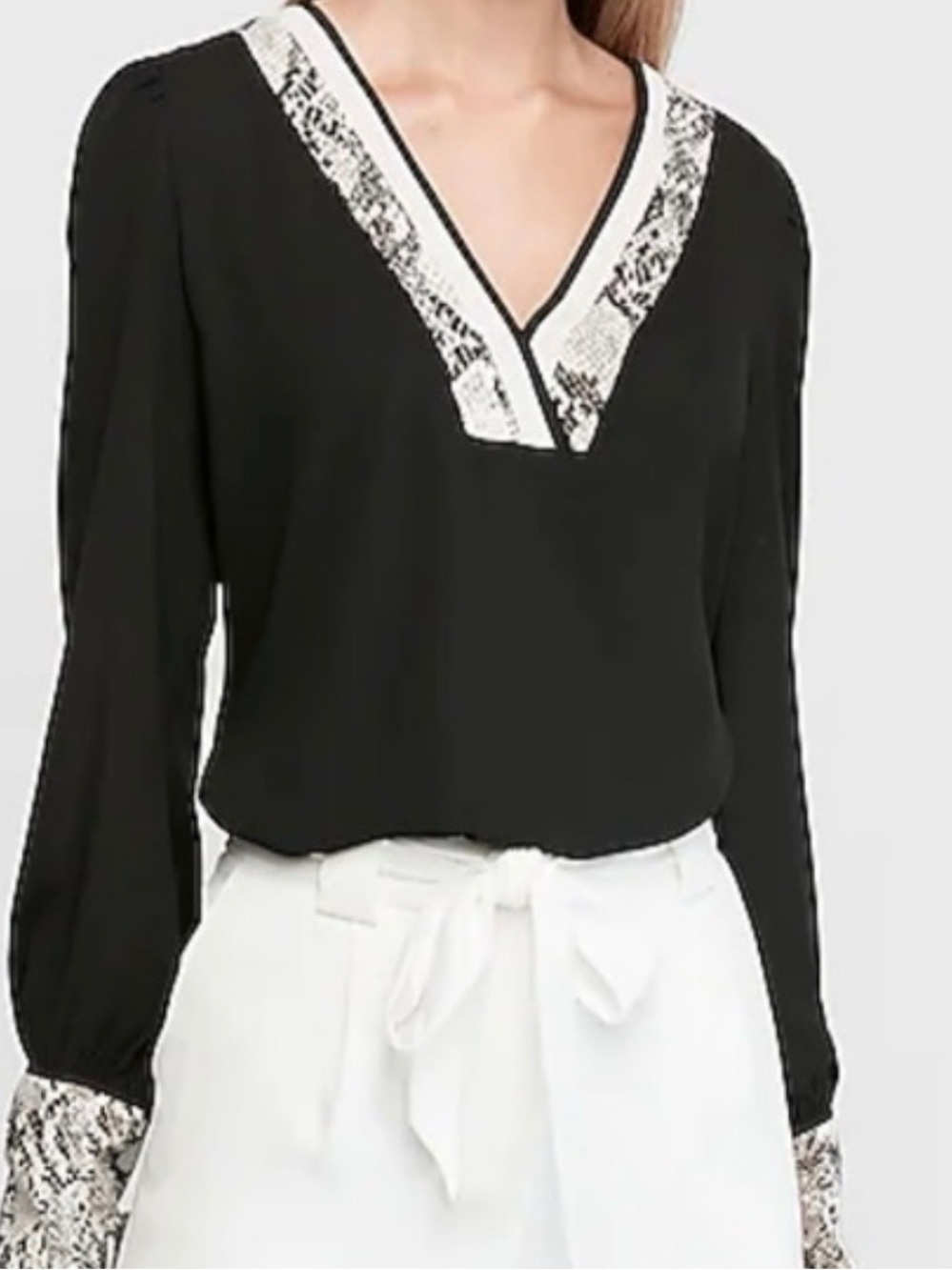 Express Black V-Neck Blouse with White Snake-Print Trim